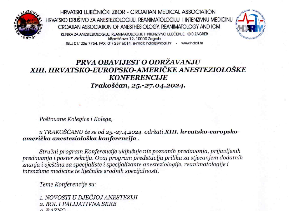 I. obavijest o održavanju XIII. hrvatsko-europsko-američke anesteziološke konferencije