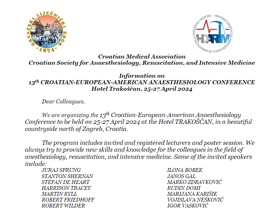 II. obavijest o održavanju XIII. hrvatsko-europsko-američke anesteziološke konferencije
