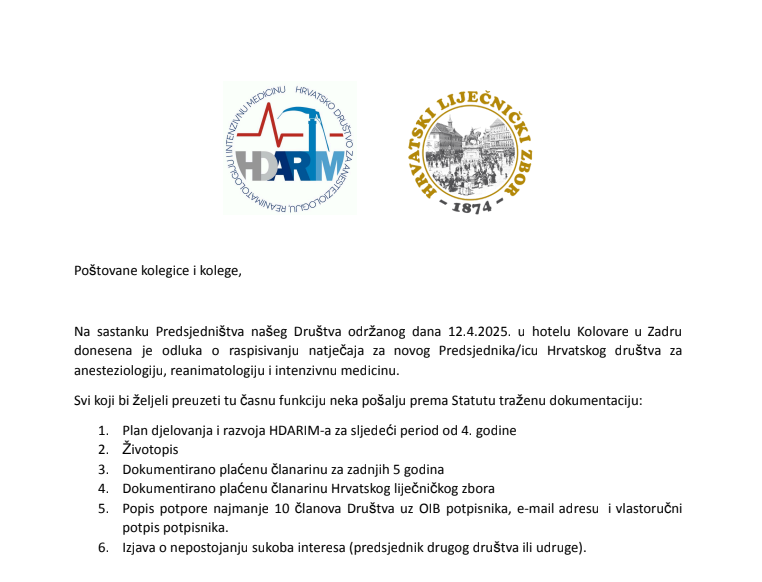 Natječaj za izbor novog Predsjednika/icu Hrvatskog društva za anesteziologiju, reanimatologiju i intenzivnu medicinu (HDARIM)