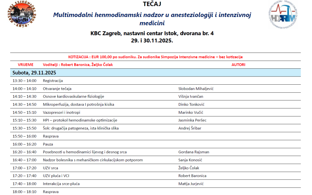 FINALNI PROGRAM  – Tečaj Multimodalni hemodinamski nadzor u anesteziologiji i inzenzivnoj medicini