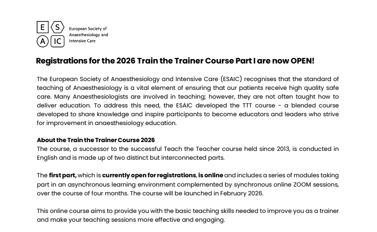 ESAIC – Registrations for the 2026 Train the Trainer Course Part I are now OPEN!