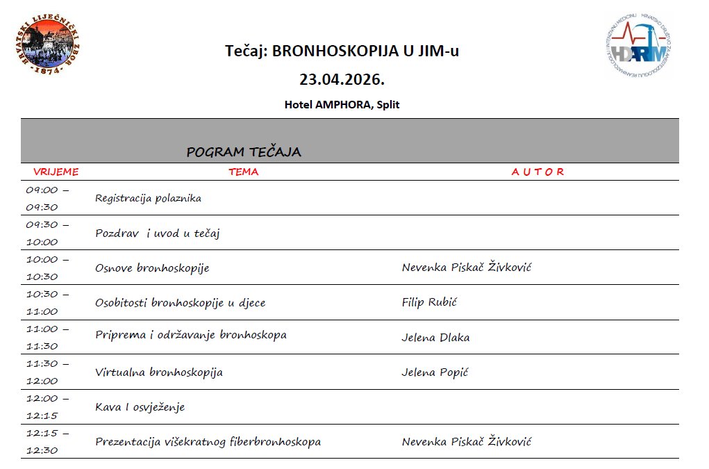 TEČAJ BRONHOSKOPIJE – FINALNI PROGRAM 23.3.2026.